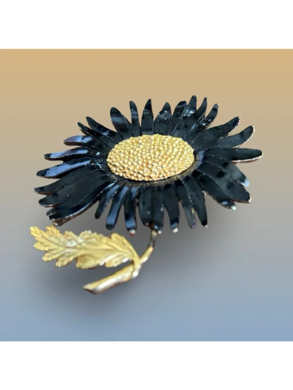 Vintage Marvella Black Enamel & Gold-Tone Sunflower Brooch Pin
